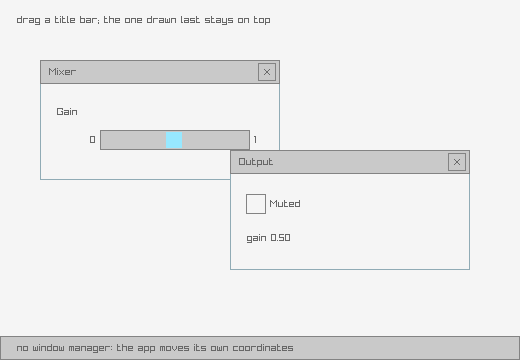Two draggable floating windows, Mixer with a gain slider and Output with a mute toggle, overlapping with Output drawn on top