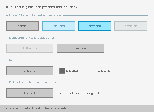 Rows of GuiSetState buttons in normal, focused, pressed and disabled appearance, a GuiSetAlpha row, a live click counter, and a GuiLock row that ignores clicks