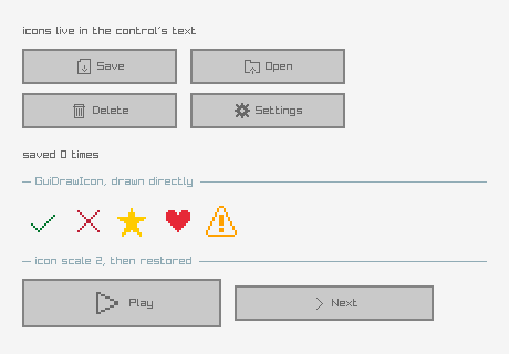 Four buttons captioned Save, Open, Delete and Settings each carrying an embedded raygui icon, a row of icons drawn directly, and a Play/Next button pair at icon scale 2