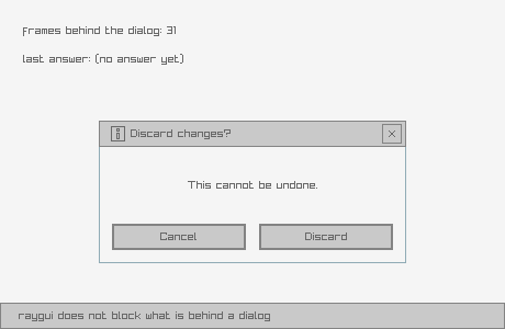 A Discard changes confirmation dialog with Cancel and Discard buttons, drawn over a frame counter that keeps advancing behind it