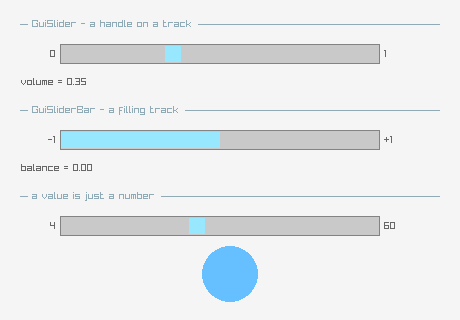A GuiSlider handle on a track, a GuiSliderBar filling its track, and a third slider whose value sets the radius of a drawn circle